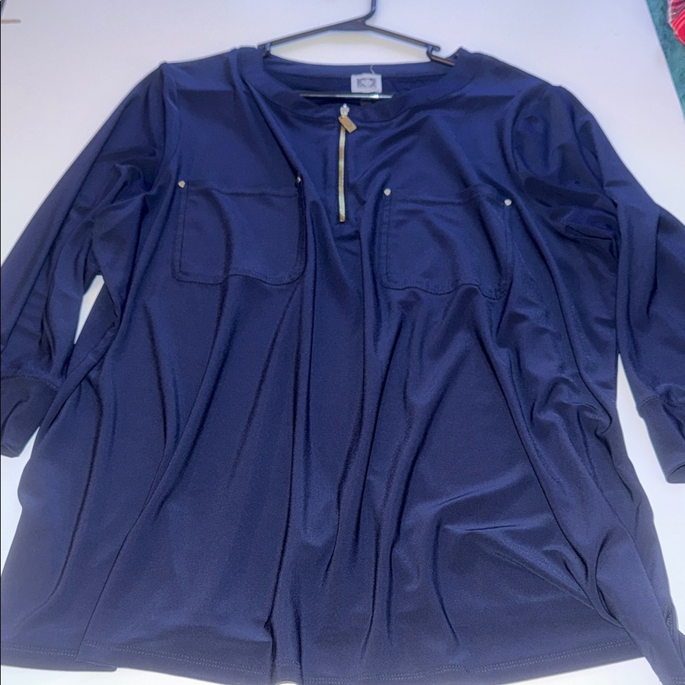 Anne Klein Black Zip-Front Blouse with Chest Pockets
